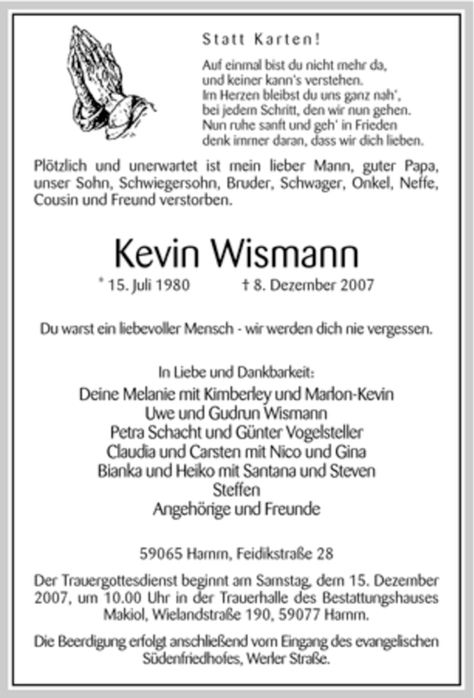  Traueranzeige für Kevin Wismann vom 12.12.2007 aus WESTFÄLISCHER ANZEIGER