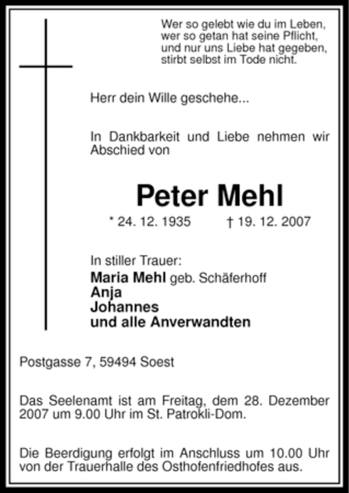  Traueranzeige für Peter Mehl vom 22.12.2007 aus WESTFÄLISCHER ANZEIGER