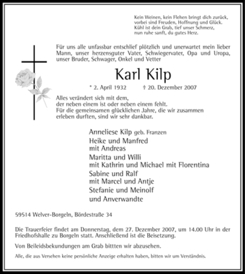  Traueranzeige für Karl Kilp vom 22.12.2007 aus WESTFÄLISCHER ANZEIGER