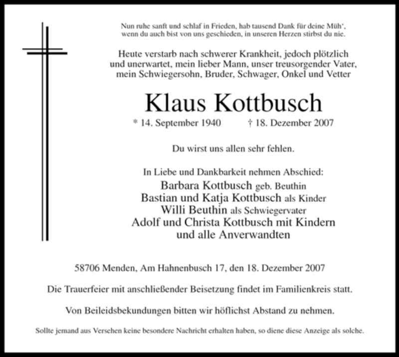  Traueranzeige für Klaus Kottbusch vom 22.12.2007 aus WESTFÄLISCHER ANZEIGER