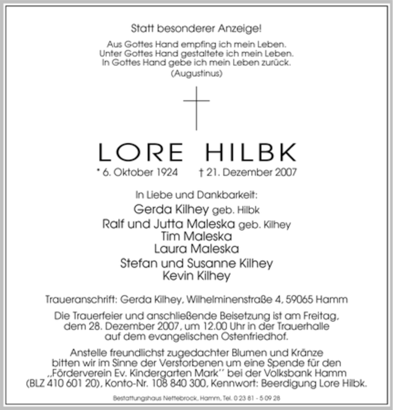  Traueranzeige für Lore Hilbk vom 24.12.2007 aus WESTFÄLISCHER ANZEIGER