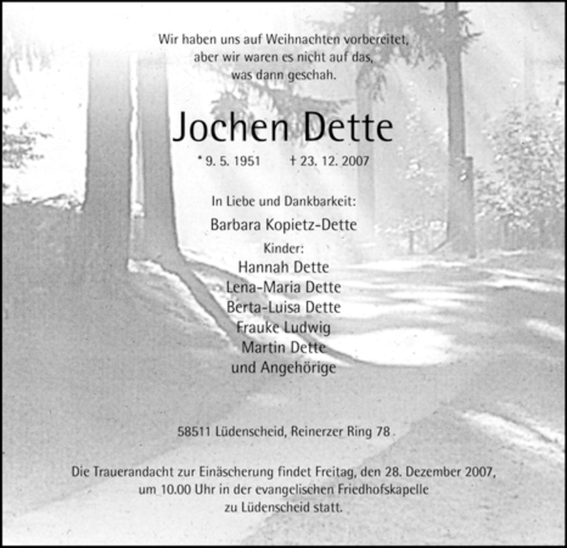  Traueranzeige für Jochen Dette vom 30.12.2007 aus WESTFÄLISCHER ANZEIGER
