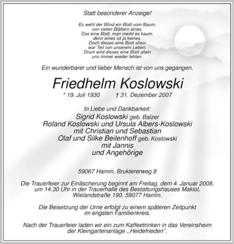  Traueranzeige für Friedhelm Koslowski vom 02.01.2008 aus WESTFÄLISCHER ANZEIGER