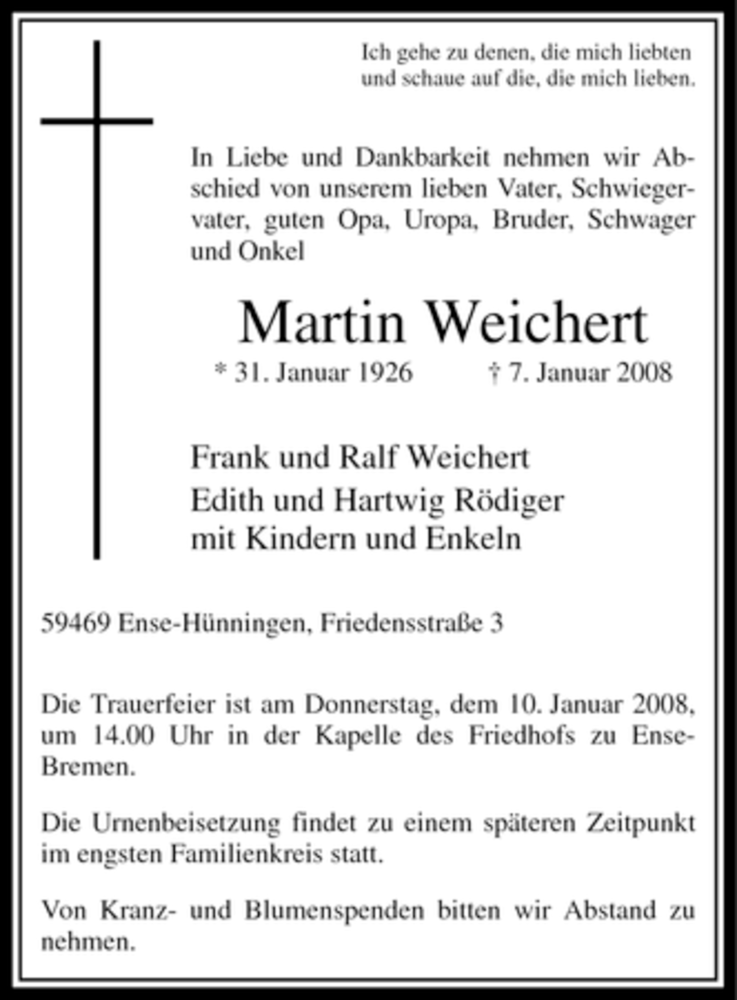  Traueranzeige für Martin Weichert vom 08.01.2008 aus WESTFÄLISCHER ANZEIGER
