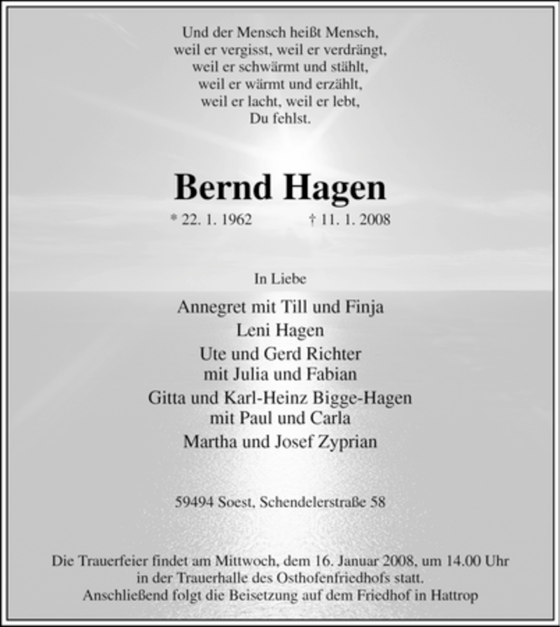  Traueranzeige für Bernd Hagen vom 12.01.2008 aus WESTFÄLISCHER ANZEIGER