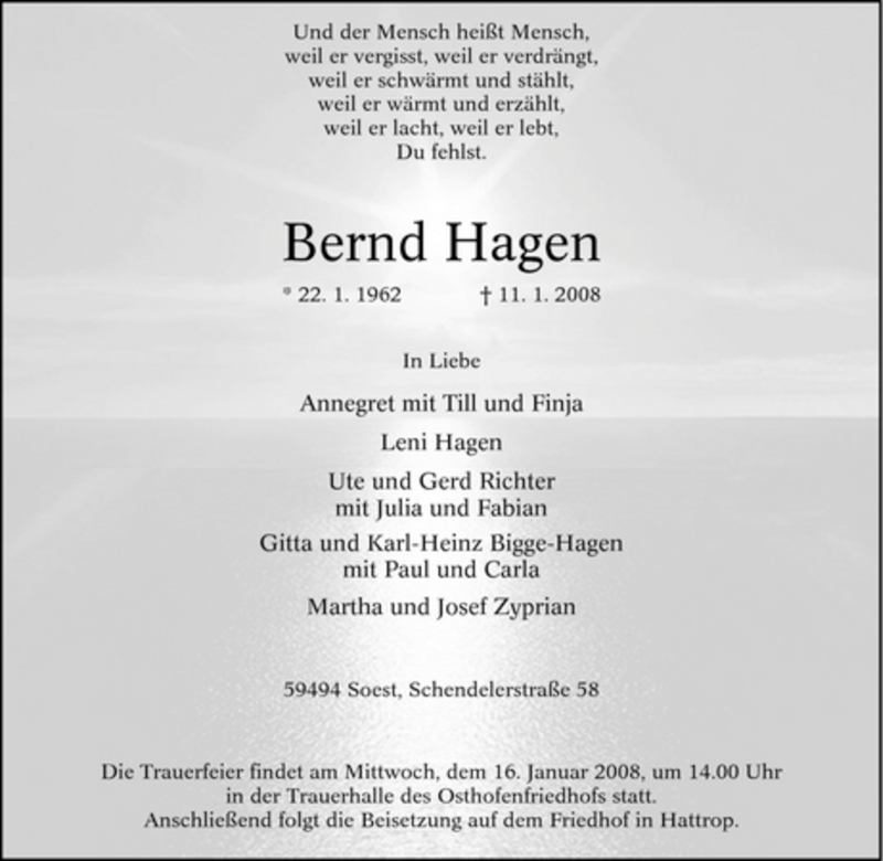  Traueranzeige für Bernd Hagen vom 15.01.2008 aus WESTFÄLISCHER ANZEIGER