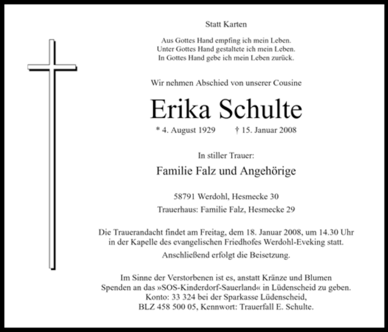  Traueranzeige für Erika Schulte vom 17.01.2008 aus WESTFÄLISCHER ANZEIGER