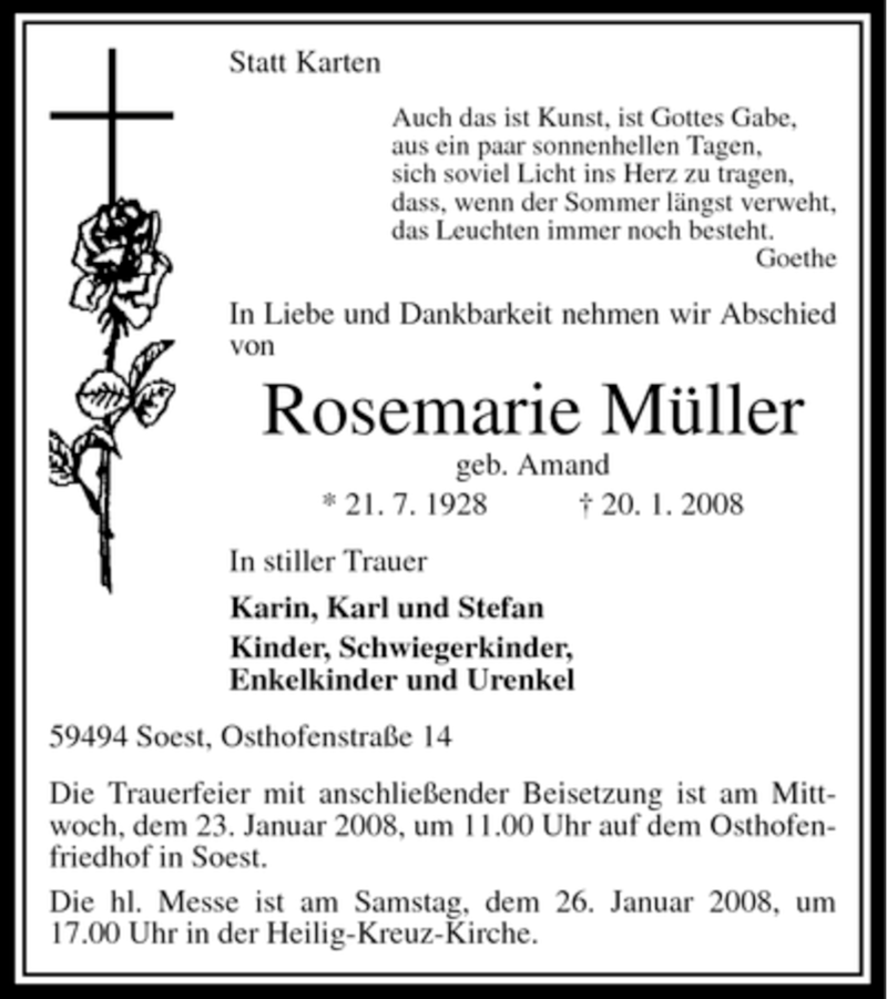  Traueranzeige für Rosemarie Müller vom 22.01.2008 aus WESTFÄLISCHER ANZEIGER