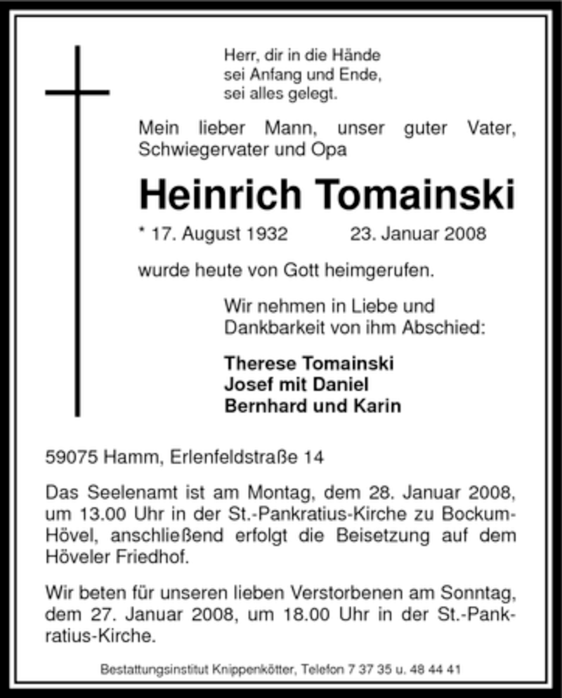  Traueranzeige für Heinrich Tomainski vom 25.01.2008 aus WESTFÄLISCHER ANZEIGER