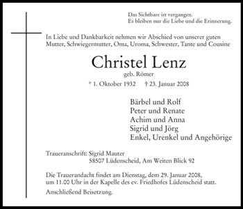Traueranzeige von Christel Lenz von WESTFÄLISCHER ANZEIGER