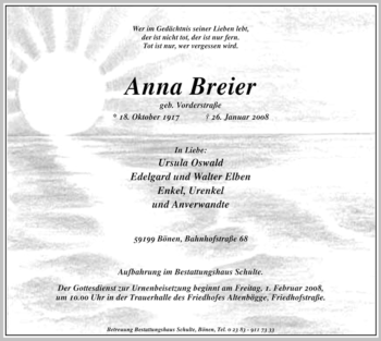 Traueranzeige von Anna Breier von WESTFÄLISCHER ANZEIGER