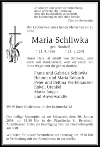 Traueranzeige von Maria Schliwka von WESTFÄLISCHER ANZEIGER