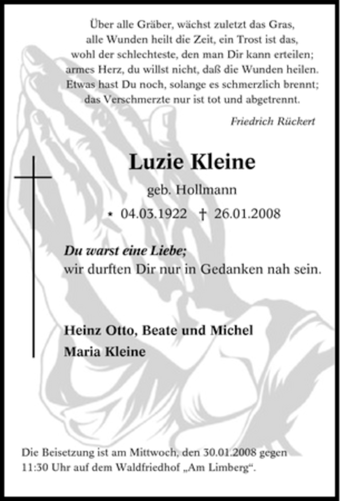  Traueranzeige für Luzie Kleine vom 29.01.2008 aus WESTFÄLISCHER ANZEIGER