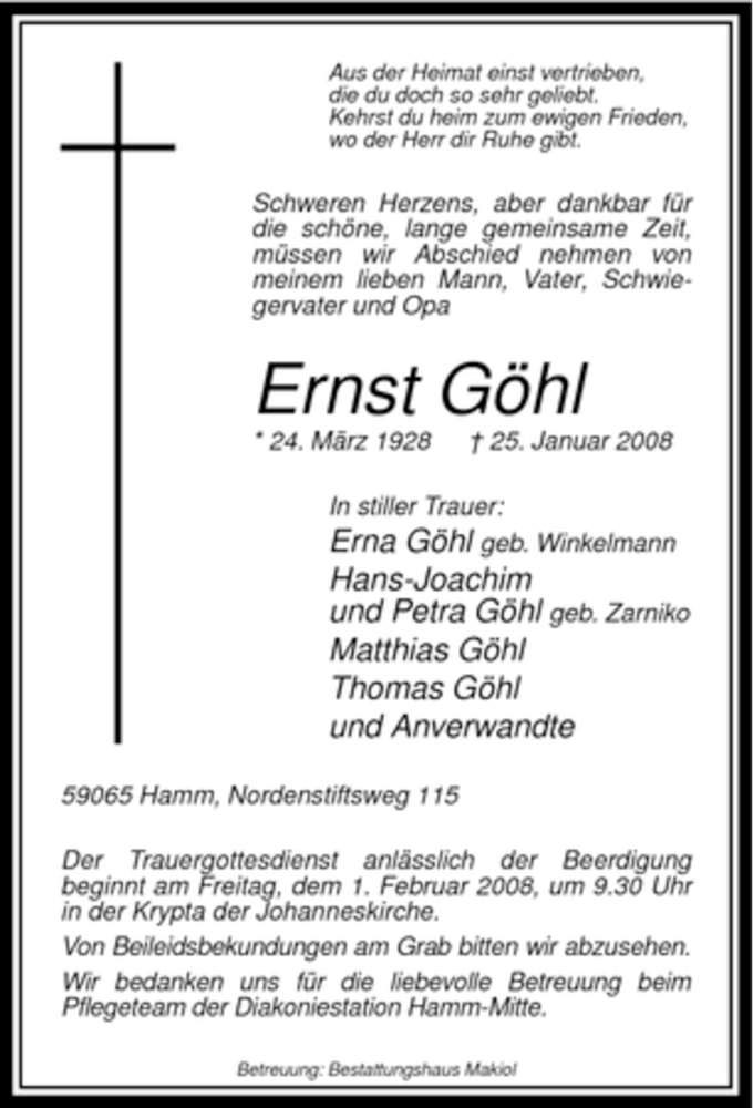  Traueranzeige für Ernst Göhl vom 29.01.2008 aus WESTFÄLISCHER ANZEIGER