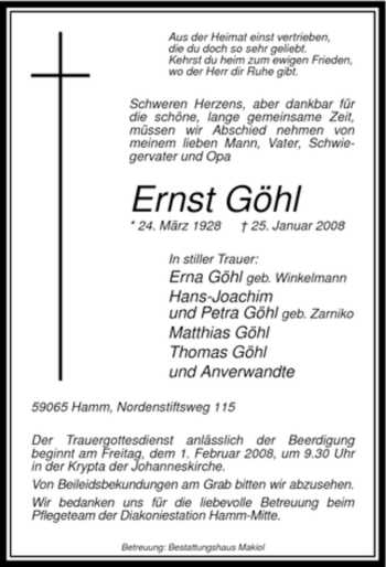 Traueranzeige von Ernst Göhl von WESTFÄLISCHER ANZEIGER