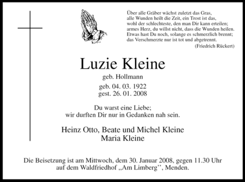  Traueranzeige für Luzie Kleine vom 29.01.2008 aus WESTFÄLISCHER ANZEIGER
