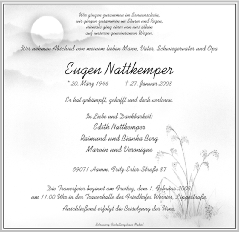  Traueranzeige für Eugen Nattkemper vom 29.01.2008 aus WESTFÄLISCHER ANZEIGER
