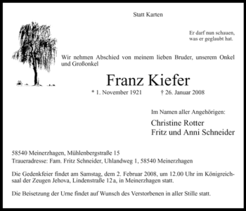 Traueranzeige von Franz Kiefer von WESTFÄLISCHER ANZEIGER