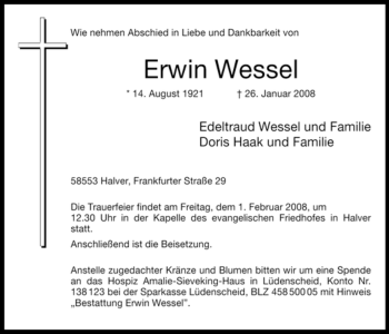 Traueranzeige von Erwin Wessel von WESTFÄLISCHER ANZEIGER