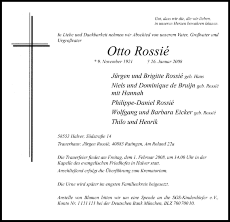  Traueranzeige für Otto Rossie vom 29.01.2008 aus WESTFÄLISCHER ANZEIGER