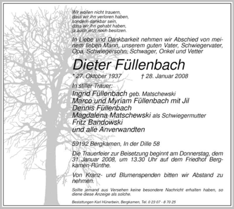  Traueranzeige für Dieter Füllenbach vom 30.01.2008 aus WESTFÄLISCHER ANZEIGER