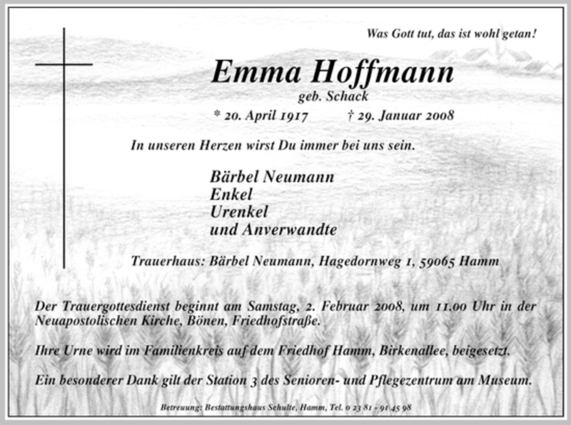  Traueranzeige für Emma Hoffmann vom 31.01.2008 aus WESTFÄLISCHER ANZEIGER