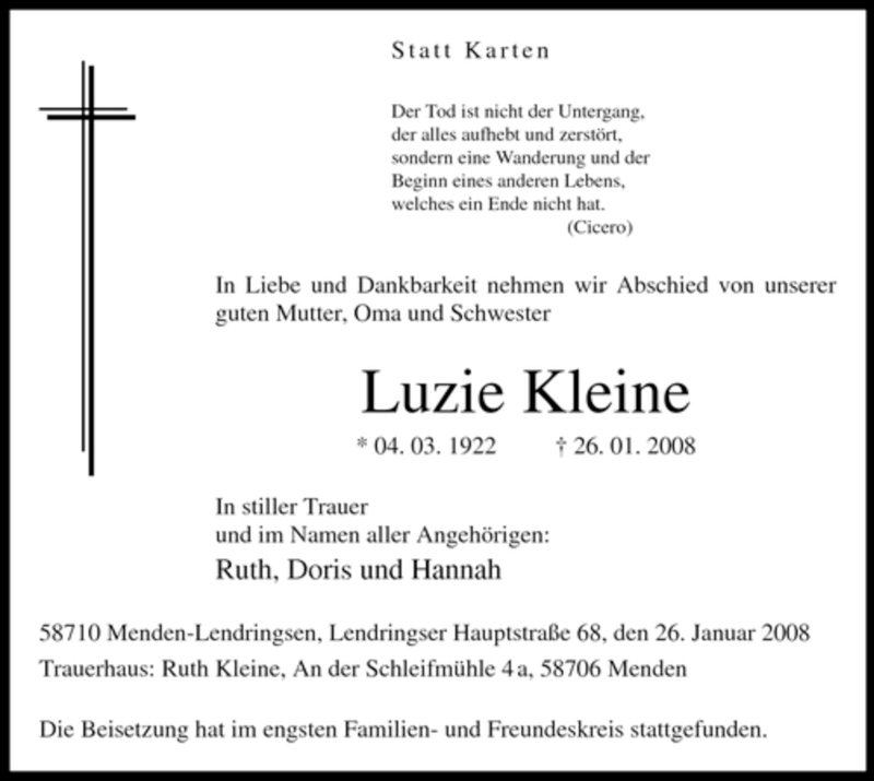  Traueranzeige für Luzie Kleine vom 31.01.2008 aus WESTFÄLISCHER ANZEIGER