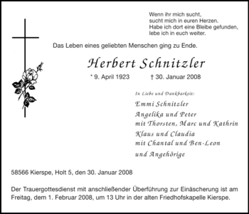 Traueranzeige von Herbert Schnitzler von WESTFÄLISCHER ANZEIGER