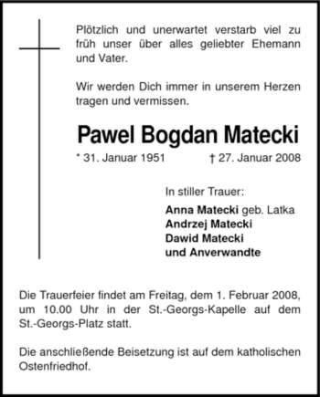 Traueranzeige von Pawel Bogdan Matecki von WESTFÄLISCHER ANZEIGER