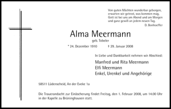 Traueranzeige von Alma Meermann von WESTFÄLISCHER ANZEIGER