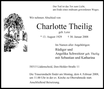 Traueranzeige von Charlotte Theilig von WESTFÄLISCHER ANZEIGER