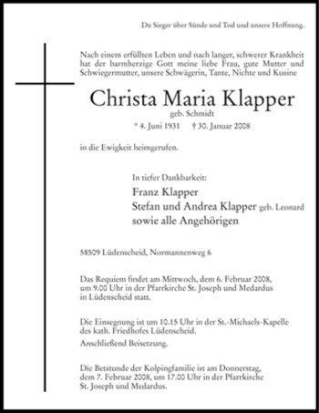 Traueranzeige von Christa Maria Klapper von WESTFÄLISCHER ANZEIGER