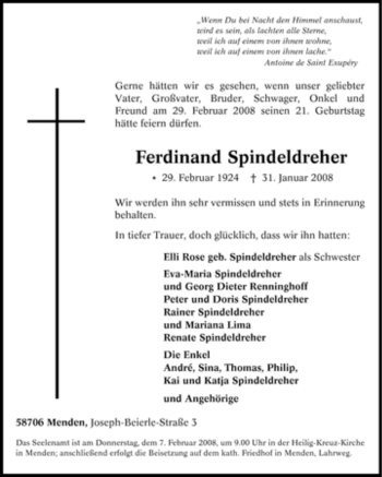 Traueranzeige von Ferdinand Spindeldreher von WESTFÄLISCHER ANZEIGER