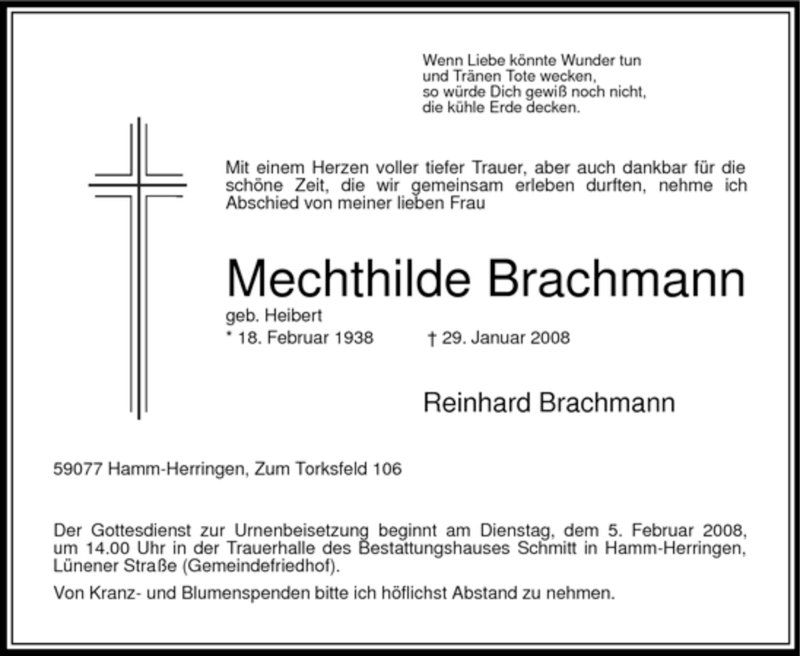  Traueranzeige für Mechthilde Brachmann vom 02.02.2008 aus WESTFÄLISCHER ANZEIGER