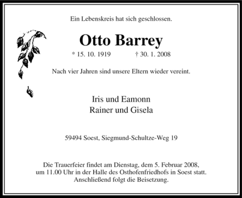  Traueranzeige für Otto Barrey vom 02.02.2008 aus WESTFÄLISCHER ANZEIGER