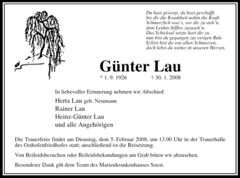 Traueranzeige von Günter Lau von WESTFÄLISCHER ANZEIGER