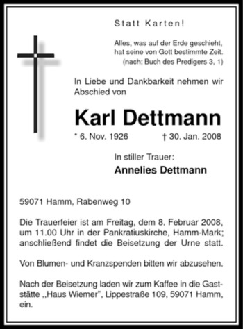 Traueranzeige von Karl Dettmann von WESTFÄLISCHER ANZEIGER