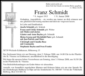 Traueranzeige von Franz Schmidt von WESTFÄLISCHER ANZEIGER