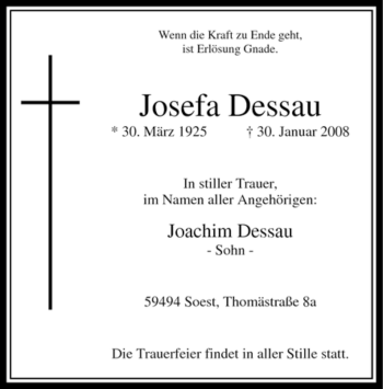 Traueranzeige von Josefa Dessau von WESTFÄLISCHER ANZEIGER