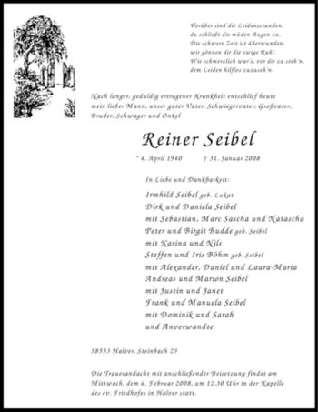 Traueranzeige von Reiner Seibel von WESTFÄLISCHER ANZEIGER