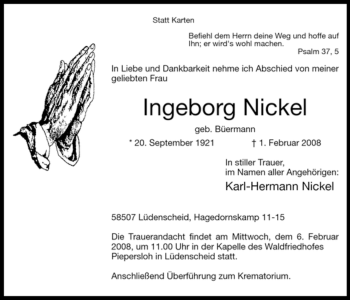 Traueranzeige von Ingeborg Nickel von WESTFÄLISCHER ANZEIGER