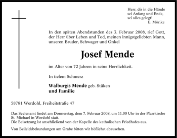 Traueranzeige von Josef Mende von WESTFÄLISCHER ANZEIGER