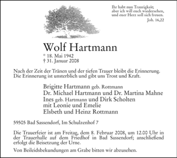 Traueranzeige von Wolf Hartmann von WESTFÄLISCHER ANZEIGER
