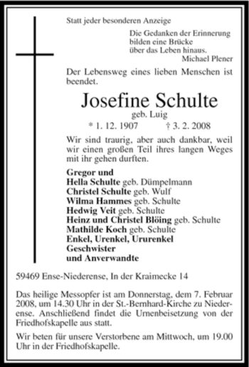 Traueranzeige von Josefine Schulte von WESTFÄLISCHER ANZEIGER