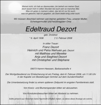 Traueranzeige von Edeltraud Dezort von WESTFÄLISCHER ANZEIGER