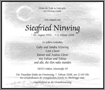 Traueranzeige von Siegfried Nirwing von WESTFÄLISCHER ANZEIGER