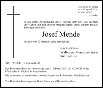 Traueranzeige von Josef Mende von WESTFÄLISCHER ANZEIGER