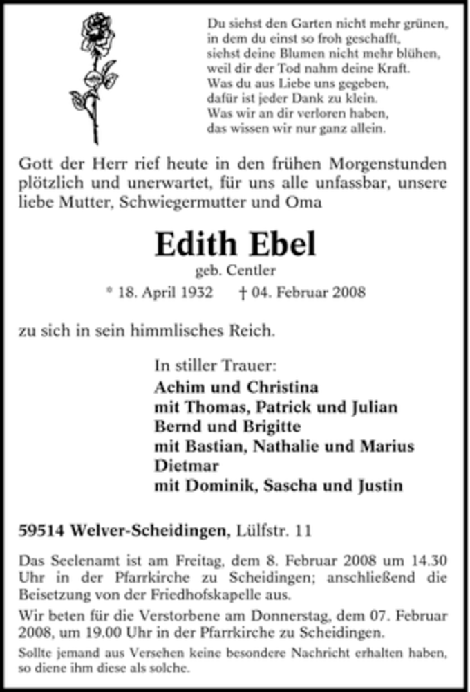  Traueranzeige für Edith Ebel vom 06.02.2008 aus WESTFÄLISCHER ANZEIGER