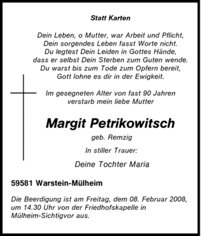  Traueranzeige für Margit Petrikowitsch vom 06.02.2008 aus WESTFÄLISCHER ANZEIGER