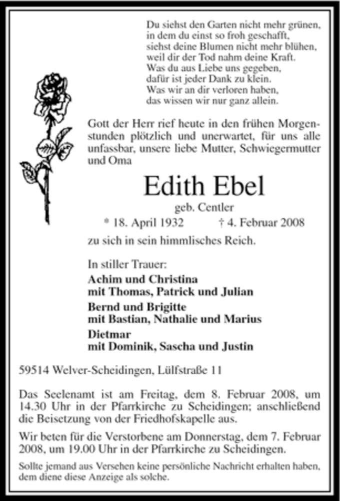  Traueranzeige für Edith Ebel vom 06.02.2008 aus WESTFÄLISCHER ANZEIGER